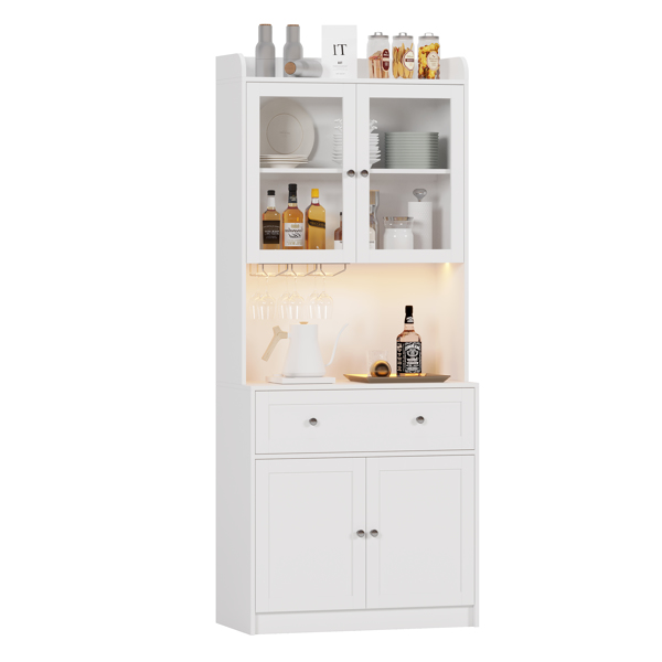 75.2" Tall Kitchen Pantry Storage Cabinet with Lights and Charging Station, Modern Kitchen Hutch Bar Cabinet with Microwave Stand, Wood Buffet Sideboard with 1 Drawer for Kitchen, Dining Room 