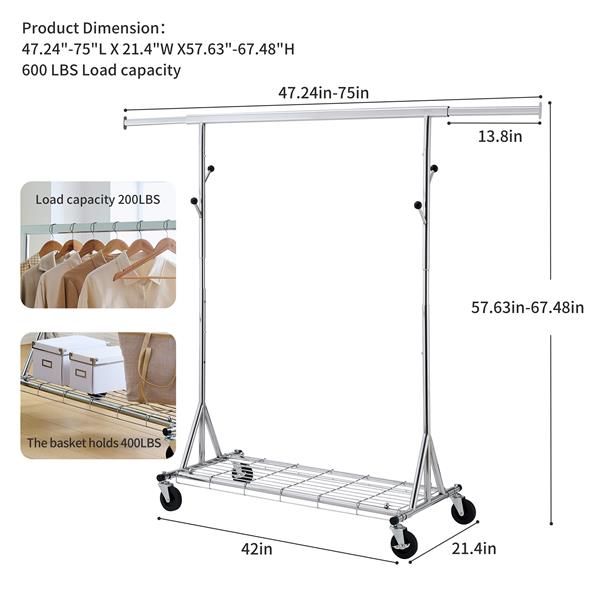 Clothes Rack Heavy Duty Clothing Rack 600LBS Rolling Clothes Racks for Hanging Clothes,  Commercial Garment Rack Heavy Duty Clothes Rack Collapsible ＆ Portable Clothing Rack with Wheels