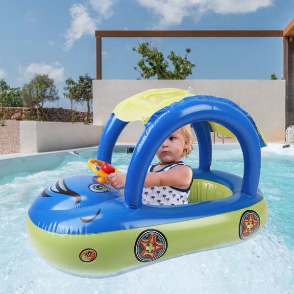 Inflatable Pool Float Car Shaped Toddler Swimming Float Boat Pool Toy Infant Swim Ring Pool with Sun Protection Canopy for 1-3 Year-Old Kids Infant Toddlers（No shipments on weekends）