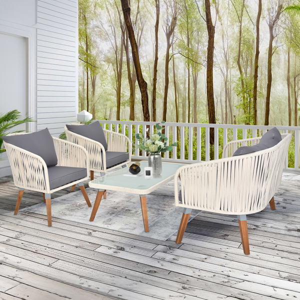 4 Piece Patio Furniture Set, Outdoor Acacia Wood Conversation Set, All-Weather Rope Sofa Set with Coffee Table, Loveseat, Modern Deep Seating Set for Lawn Balcony Poolside, White Rope & Grey Cushion