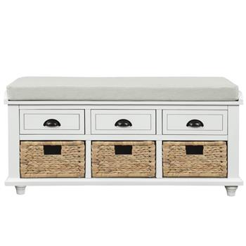 Rustic Storage Bench with 3 Drawers and 3 Rattan Baskets, Shoe Bench for Living Room, Entryway (White)