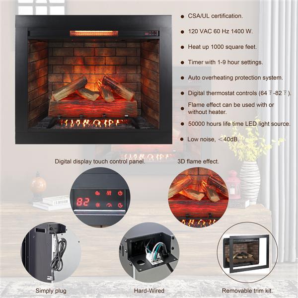 33 inch Infrared Electric Fireplace Insert, Touch Panel Home Decor Heater, Smokeless Firebox With Trim Kit