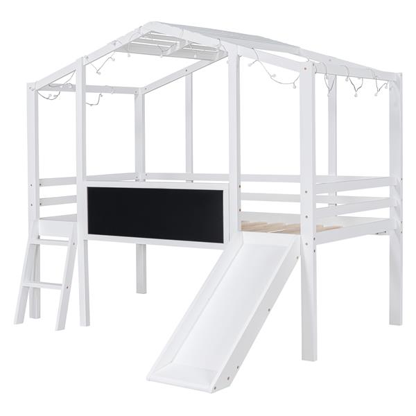 Twin Size Loft Bed with Ladder and Slide, House Bed with Blackboard and Light Strip on the Roof, White