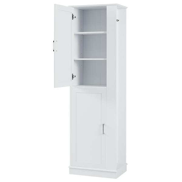 Tall Bathroom Storage Cabinet, Freestanding Storage Cabinet with Hook and Adjustable Shelf, MDF Board, White