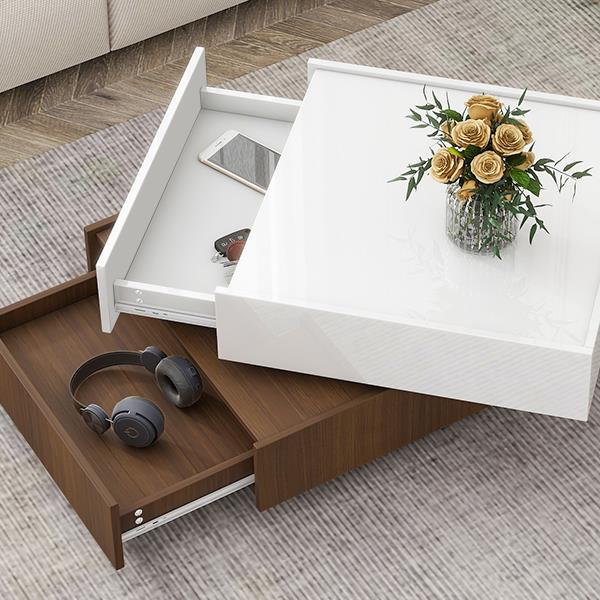 Multi-functional Square 360°Rotating Coffee Table with 2 Drawers, High Gloss 2-Tier Center Table with Swivel Tabletop and Storage, Walnut Table Frame Side Table for Living Room, White