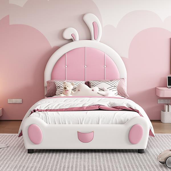 Twin Size Upholstered Platform Bed with Rabbit Shaped Headboard, White