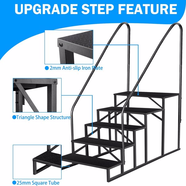 RV Stairs 5 Step Ladder, RV Steps Anti-Slip, Hot Tub Steps with Handrail, 660 lbs RV Ladder for 5th Wheel RV, Mobile Home Stairs