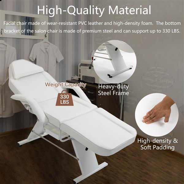 Massage Salon Tattoo Chair with Two Trays Esthetician Bed with Hydraulic Stool,Multi-Purpose 3-Section Facial Bed Table, Adjustable Beauty Barber Spa Beauty Equipment, White