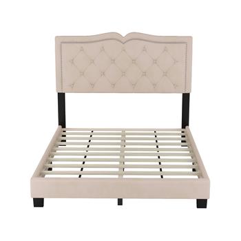 Full Size Upholstered Bed Frame with Rivet Design, Modern Velvet Platform Bed with Tufted Headboard,Beige