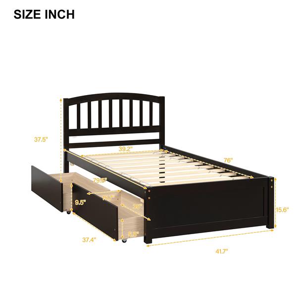 Twin Platform Storage Bed Wood Bed Frame with Two Drawers and Headboard, Espress