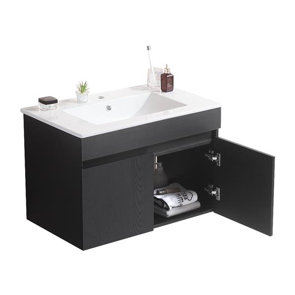 30 Inch Wall Mounted Bathroom Vanity with White Ceramic Basin,Two Soft  Close Cabinet Doors, Solid Wood,Excluding faucets,black