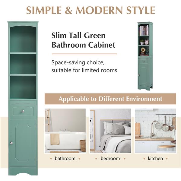 Tall Bathroom Cabinet, Freestanding Storage Cabinet with Drawer, MDF Board, Adjustable Shelf, Green