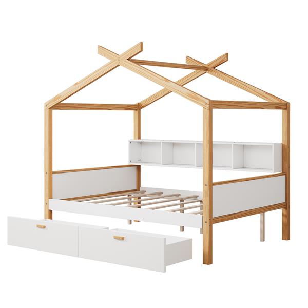 White Full Size Wooden House Bed Original Wood Colored Frame with Two Drawers and Bookshelf Storage Space for Children or Guest Room