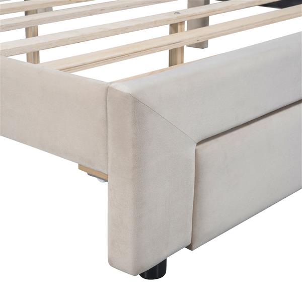 Full Size Storage Bed Velvet Upholstered Platform Bed with a Big Drawer - Beige