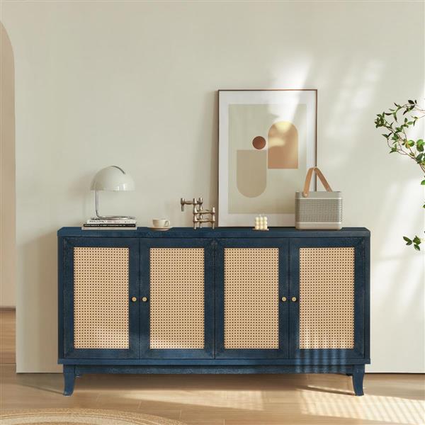 Handcrafted Premium Grain Panels,Rattan Sideboard Buffer Cabinet,Storage Cabinet With 4 Rattan Doors, Modern Storage Cupboard Console Table with Adjustable Shelves for Living Room ,BLUE