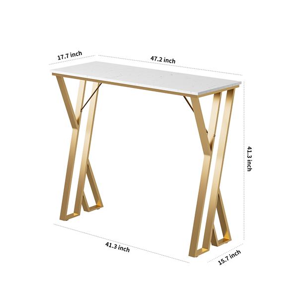 47" Modern High White Bar Table with Golden Double Pedestal