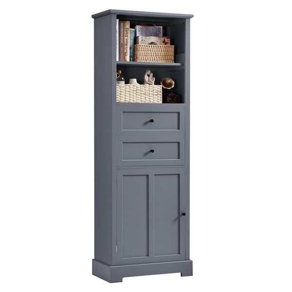 Bathroom Storage Cabinet, Tall Storage Cabinet with Two Drawers, Open Storage, Adjustable Shelf, Grey