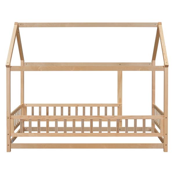 Twin Size Floor Wooden Bed with House Roof Frame, Fence Guardrails,Natural