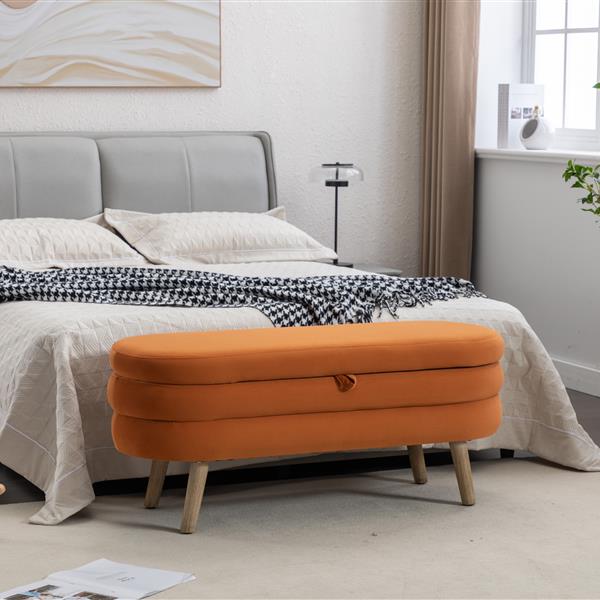 036-Velvet Fabric Storage Bench Bedroom Bench With Wood Legs For Living Room Bedroom Indoor,Orange