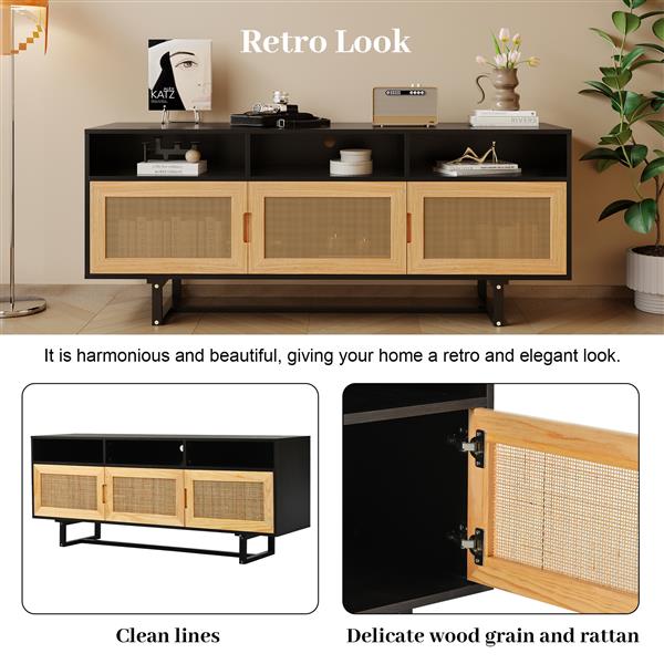 Retro Rattan Console Table 3-door TV Stand Media Console with Open Shelves for TV Stand under 75''(Espresso)