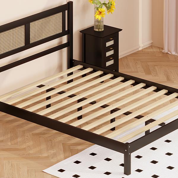 Queen Size Wooden Platform Bed with Natural Rattan Headboard, Exquisite Elegance with Minimalist Charm for Bedroom, Black