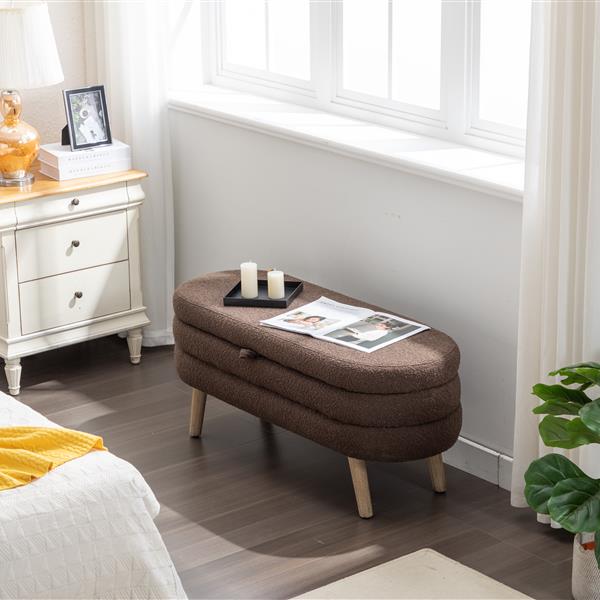 036-Boucle Fabric Storage Bench Bedroom Bench With Wood Legs For Living Room Bedroom Indoor,Brown