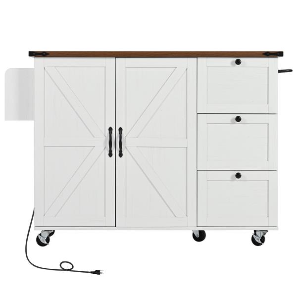 54.5" Farmhouse Kitchen Island with Power Outlet, Kitchen Storage Island  with Internal Storage Rack, Drop Leaf, Spice Rack, Rolling Kitchen Cart on Wheels, for Home, Kitchen and Dining Room,White