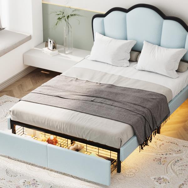 Full Size Upholstered Princess Platform Bed with LED and 2 Storage Drawers, Blue