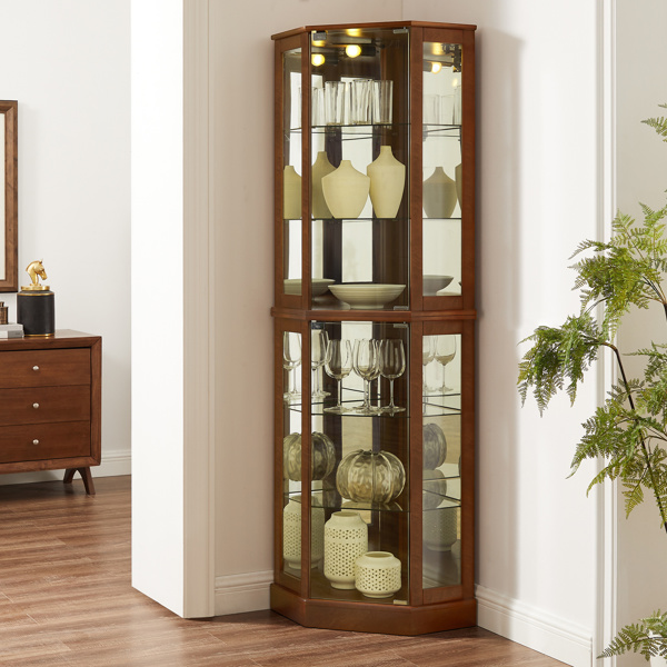 6 Shelf Corner Curio Display Cabinet with Lights, Mirrors and Adjustable Shelves, Walnut(E26 light bulb not included) 