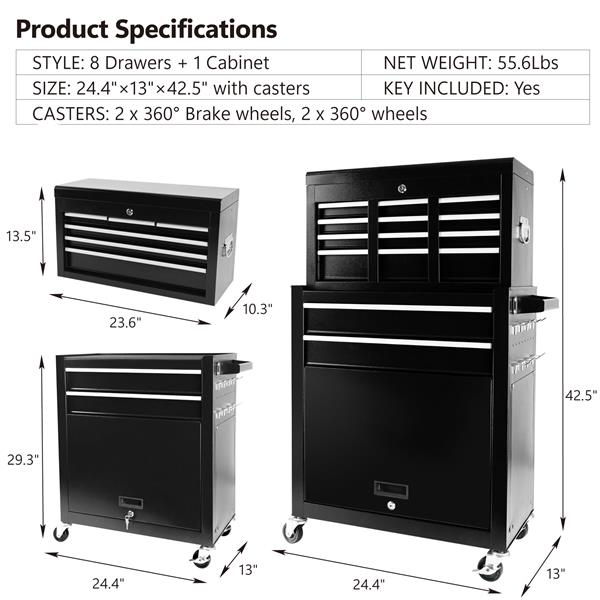 8-Drawer Rolling Tool Chest with Wheels, Large Tool Cabinet with Drawers, Mobile Steel Tool Storage Organizer with Lock&Liner for Warehouse, Workshop, Black