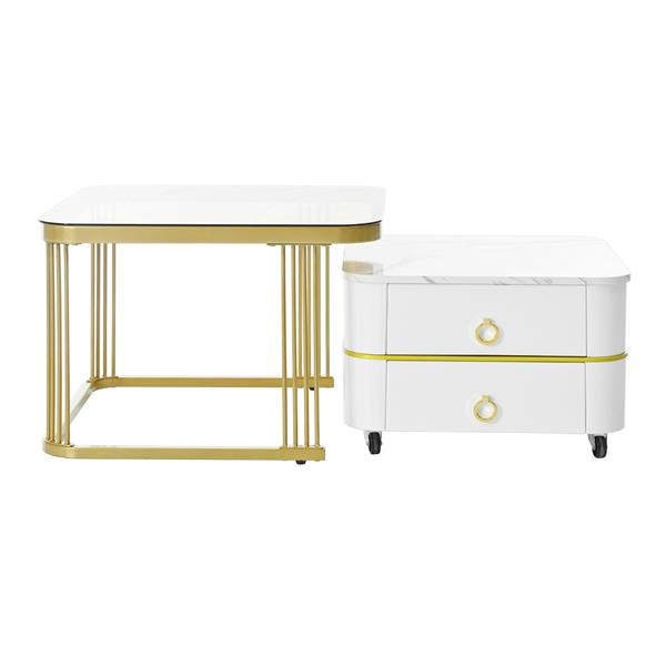 2-in-1 Square Nesting Coffee Table with Wheels & Drawers, Stackable Side Table with High Gloss Marble Grain Top, End Table Set with Brown Tempered Glass for Living Room, White