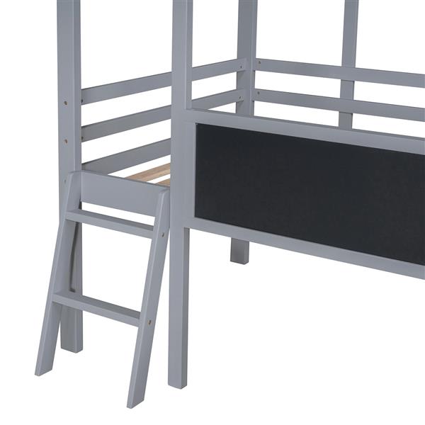 Twin Size Loft Bed with Ladder and Slide, House Bed with Blackboard and Light Strip on the Roof, Gray