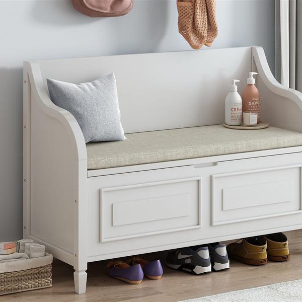 Rustic Style Solid wood Entryway Multifunctional Storage Bench with Safety Hinge (White+ Beige)