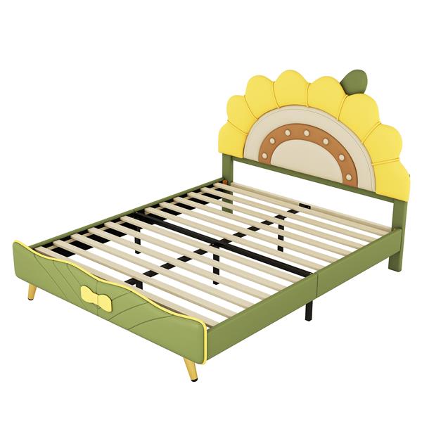 Full Size Upholstered Platform Bed with Sunflower Shaped Headboard, Green