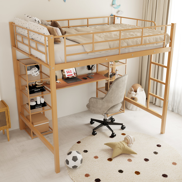 Full Size Metal Loft Bed with Built-in Desk and Shelves, Gold+Brown