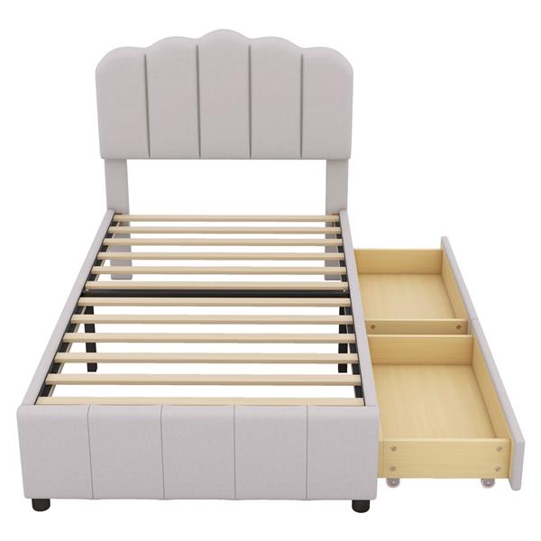 Twin Size Upholstered Bed with 2 Storage Drawers,Wood Slat Support, Beige