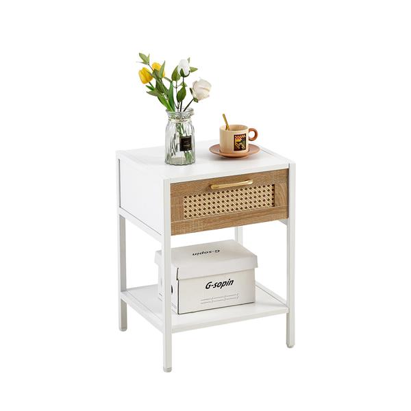 Set of 2, 15.74" Rattan End table with  drawer, Modern nightstand, metal legs,side table for living room, bedroom,white