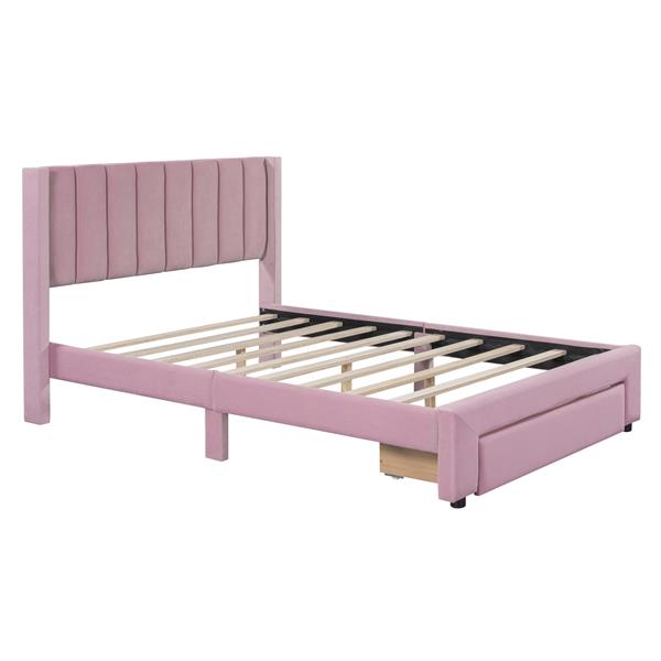 Full Size Storage Bed Velvet Upholstered Platform Bed with a Big Drawer - Pink