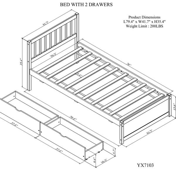 Modern Design Wooden Twin Size Platform Bed with 2 Drawers for Grey Color