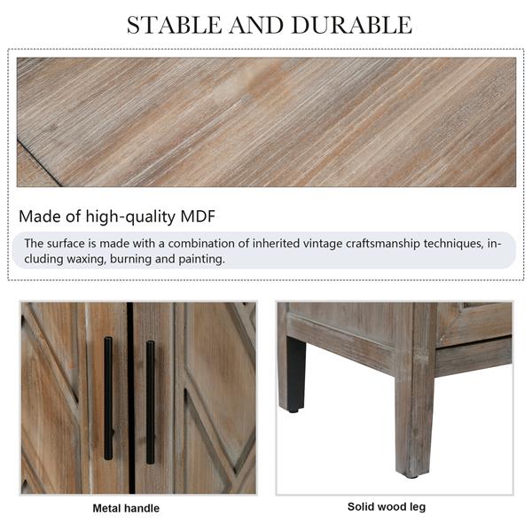 4 门木质斜纹餐柜 美式乡村复古旧式客厅餐厅门厅入口柜（棕色）-17