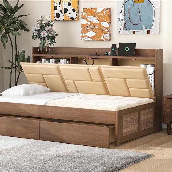 Twin Size Wood Daybed with Upholstered Storage Shelves, USB Ports and 2 Drawers, Wood Color