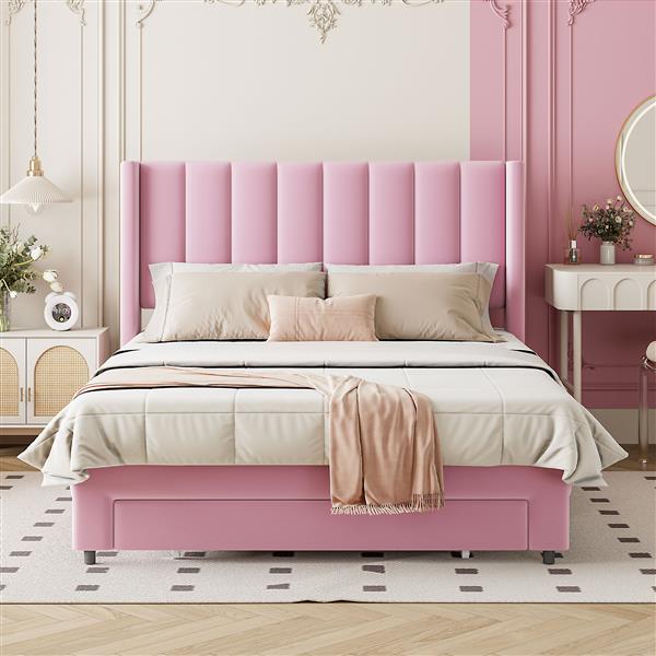 Full Size Storage Bed Velvet Upholstered Platform Bed with a Big Drawer - Pink