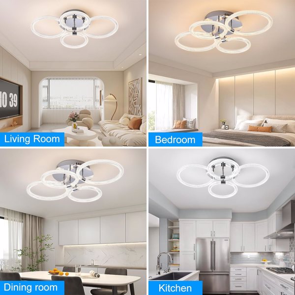 Modern LED Flush Mount Ceiling Light with Dimmable Remote Control, 6Rings Acrylic for Bedroom, Living Room, Kitchen, Office Lamps (4 heads)[Unable to ship on weekends, please note that]