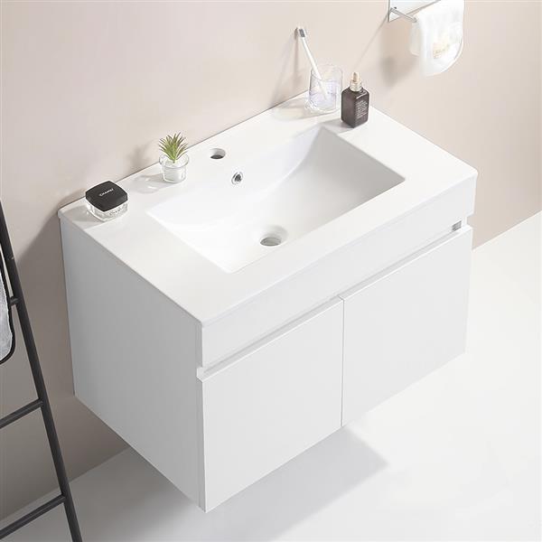 36' Wall Mounted Bathroom Vanity with White Ceramic Basin,Two Soft  Close Cabinet Doors, Solid Wood,Excluding faucets,White