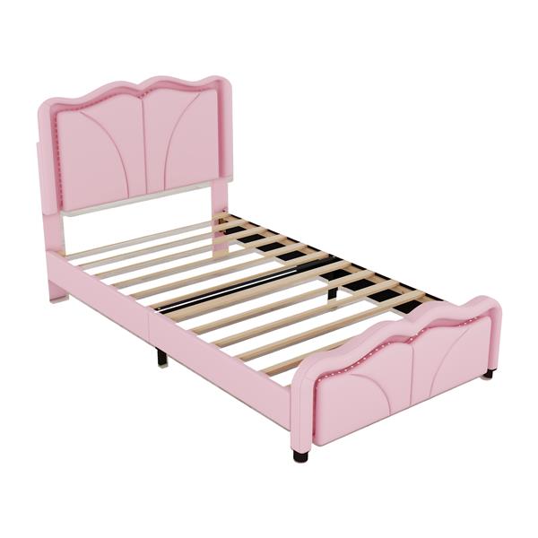 Twin Size Upholstered Platform Bed with Curve Shaped and Height-adjustbale Headboard,LED Light Strips,Pink