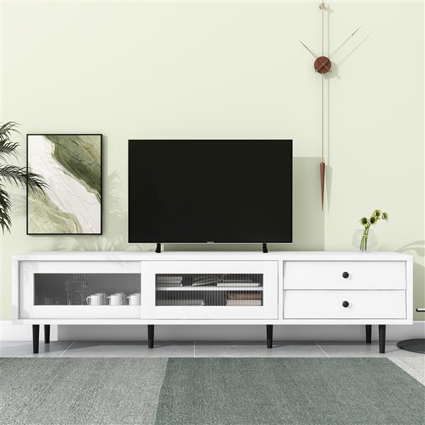 Chic Elegant Design TV Stand with Sliding Fluted Glass Doors, Slanted Drawers Media Console for TVs Up to 75", Modern TV Cabinet with Ample Storage Space, White