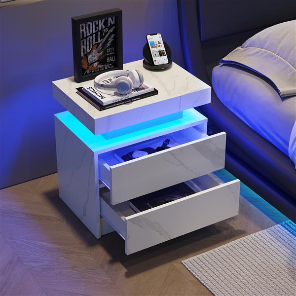 Nightstand LED Bedside Table Cabinet Lights Modern End Side with 2 Drawers for Bedroom (White Stone)