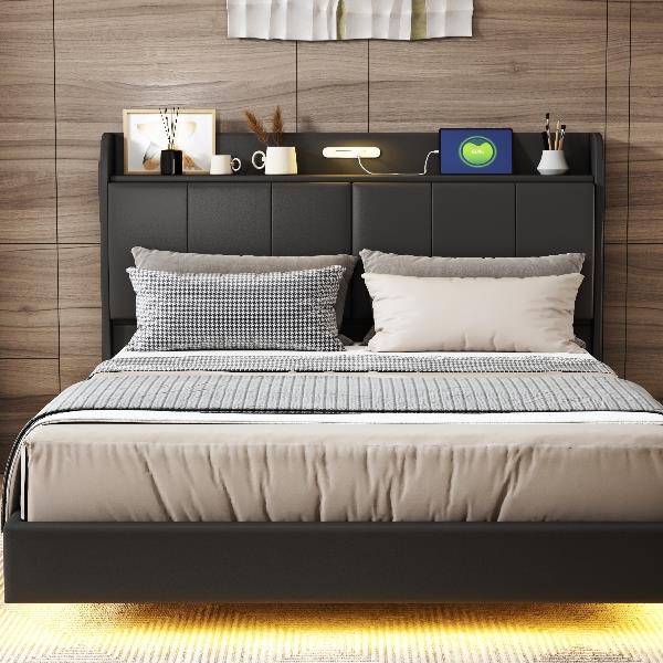 Queen Size Floating Bed Frame with Storage Headboard, Modern Upholstered Platform Bed with Touch Sensor Night Light and USB Charger, Black