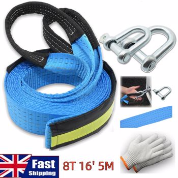 8T 16\\' 5M Tow Rope Heavy Duty Towing Pull Strap Road Recovery Two Shackles Chain