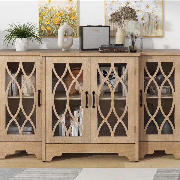 Retro Sideboard Glass Door with Curved Line Design Ample Storage Cabinet with Black Handle and Three Adjustable Shelves for Dining Room and Kitchen (Natural Wood)